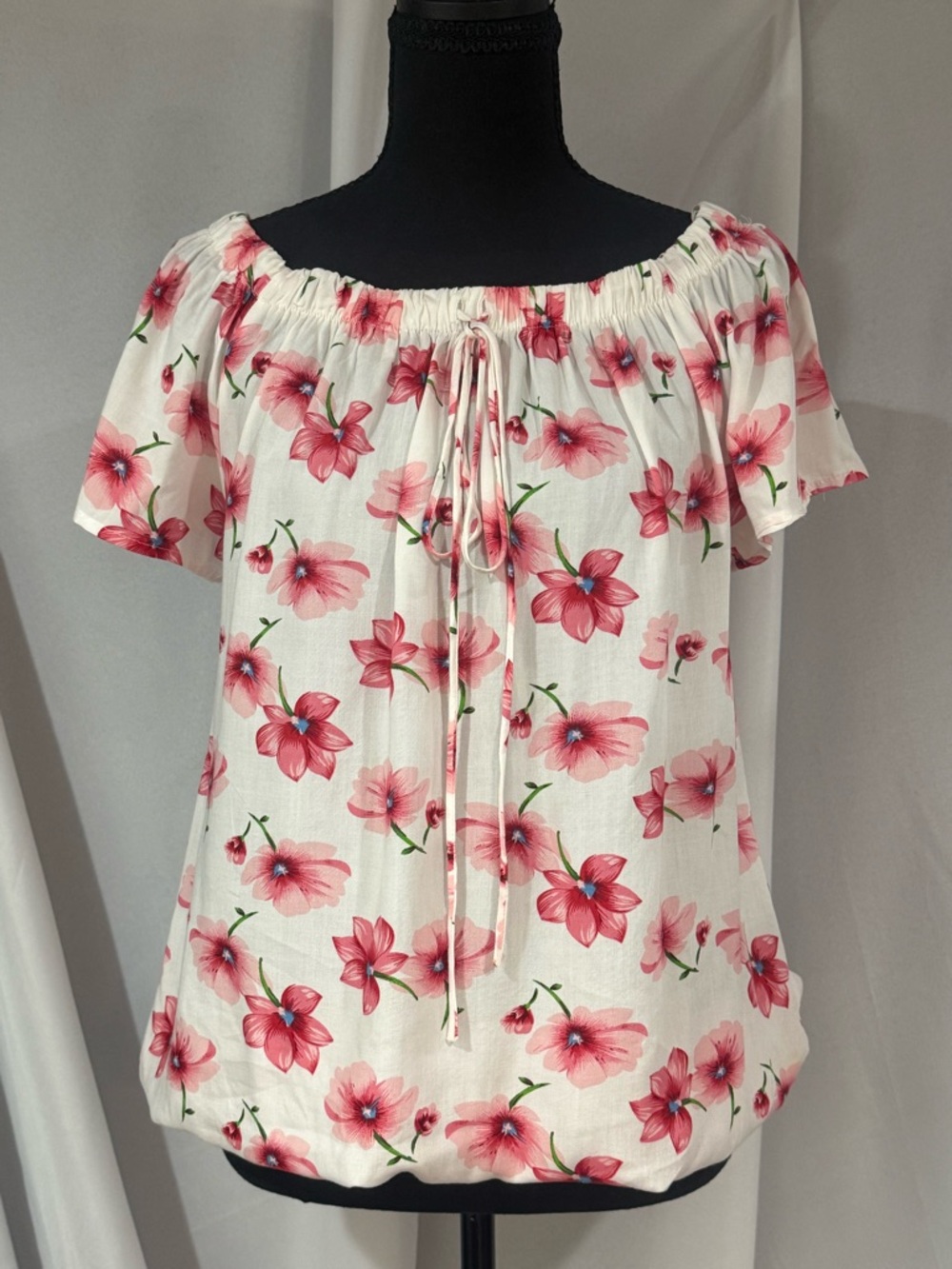 Off-Shoulder Floral Tunic Top in Pink on White